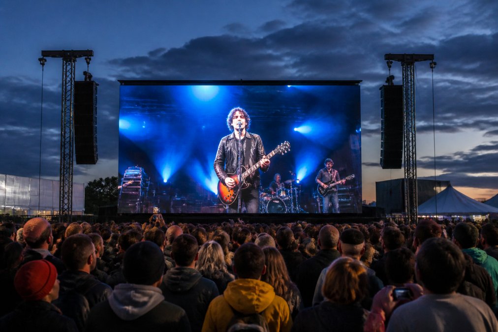 Groot LED-scherm dat live band-optreden weergeeft op een outdoor festival, met menigte publiek op de voorgrond die naar het scherm kijkt onder avondlicht