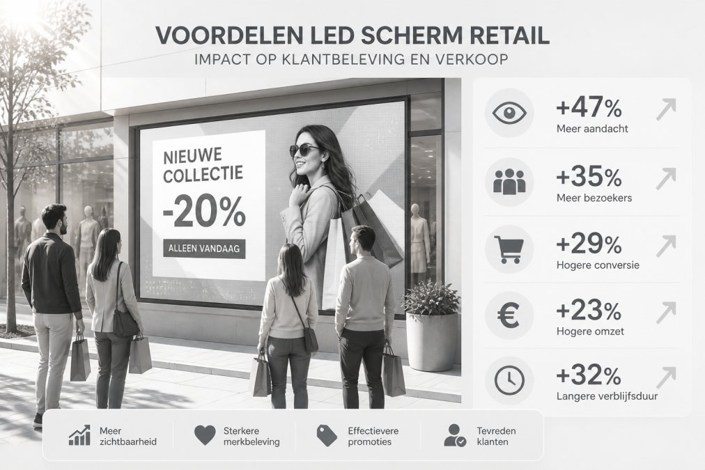 Modern retail storefront with vibrant LED display showing promotional content, customers gazing at the screen, bright daylight exterior with natural sunlight reflecting off the display