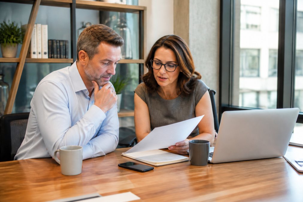 A business owner and a marketing consultant reviewing a pricing proposal document together at a wooden conference table, with a laptop and coffee cups nearby, in a bright modern office