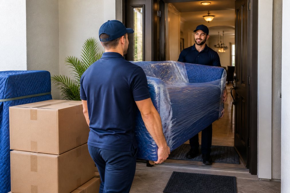 Two full-service movers in uniform carrying a wrapped sofa into a bright home with packed boxes nearby