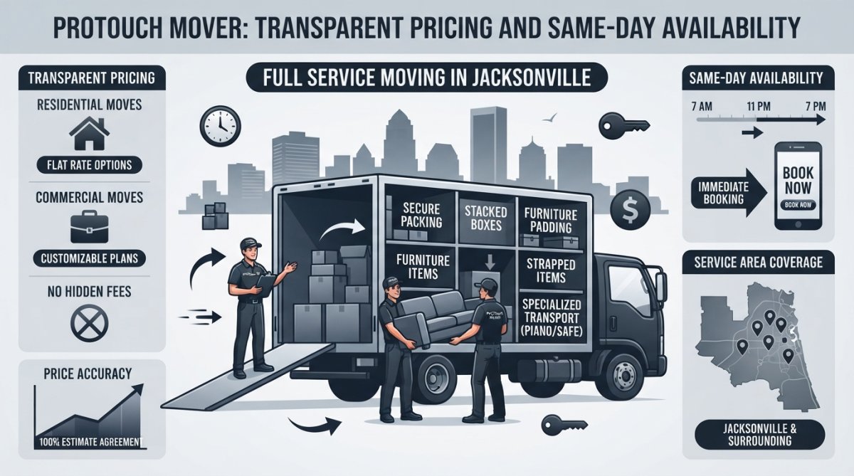 Full Service Moving Company Jacksonville: Top 8 Reviewed 1 Professional moving crew carefully loading furniture and boxes into a moving truck in Jacksonville, showing organized packing and safe handling of items