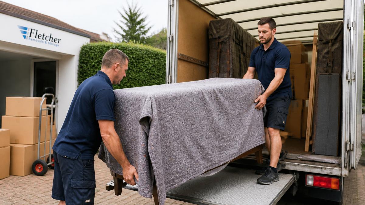 Professional removal team wrapping furniture in protective blankets for a full-service moving self-pack.