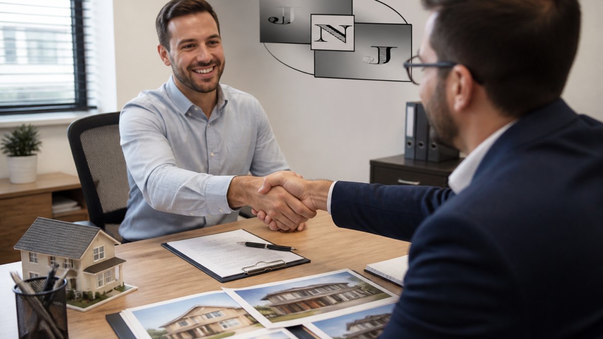 Landlord and property manager shaking hands over lease documents during a professional consultation meeting