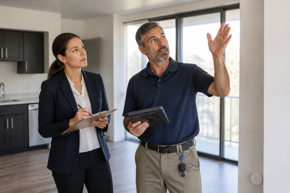 Professional property manager and maintenance technician inspecting a residential unit interior, discussing repairs with clipboard and tablet in hand, modern apartment setting with natural light from windows