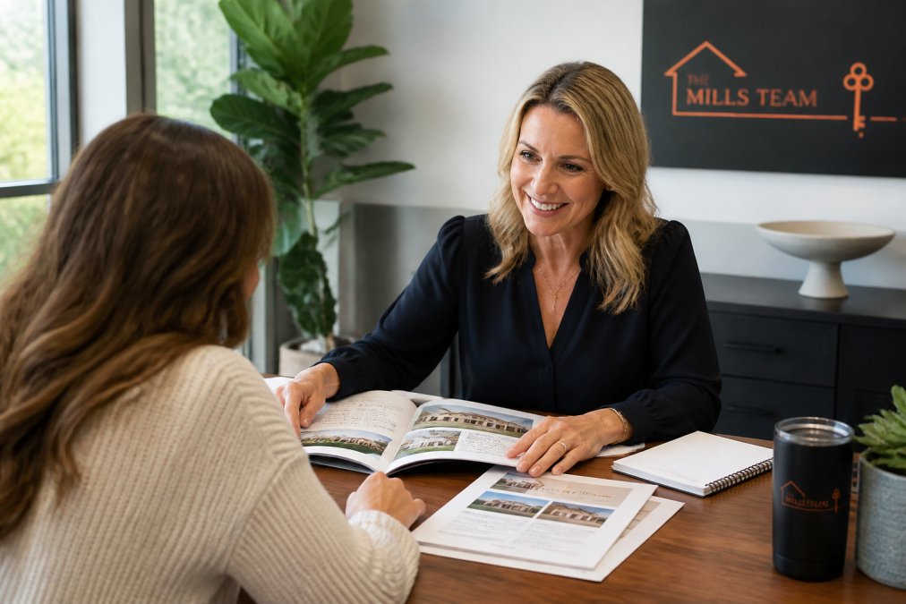 Professional real estate agent sitting across from prospective homebuyer at wooden desk in bright office, reviewing property listings and market analysis documents together with natural window lighting