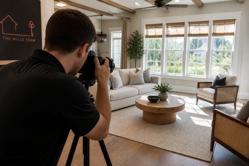 Real estate professional holding professional camera equipment photographing home's bright, staged living room with natural sunlight streaming through large windows, showcasing interior spaces and furniture arrangement