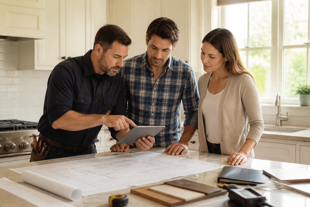 Licensed contractor meeting with homeowners in their kitchen, reviewing renovation plans and blueprints on a tablet while pointing to specific areas, all three engaged in focused discussion with morning light streaming through windows