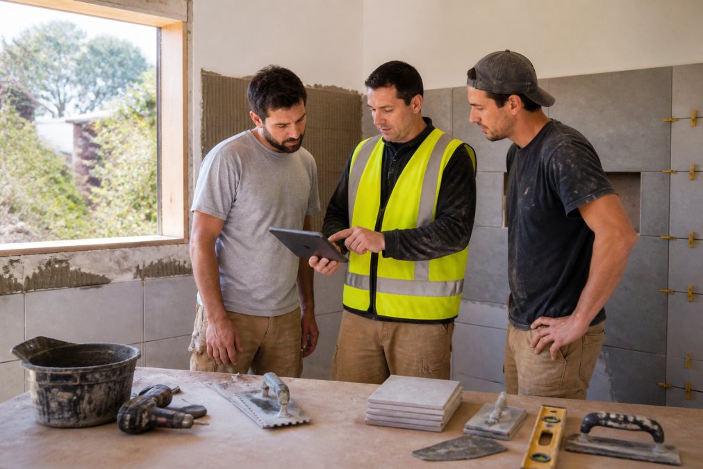 A renovation project manager in a high-visibility vest standing on site with a tablet, talking through a schedule with two tradespeople beside a half-tiled bathroom wall, natural daylight through an unglazed window frame