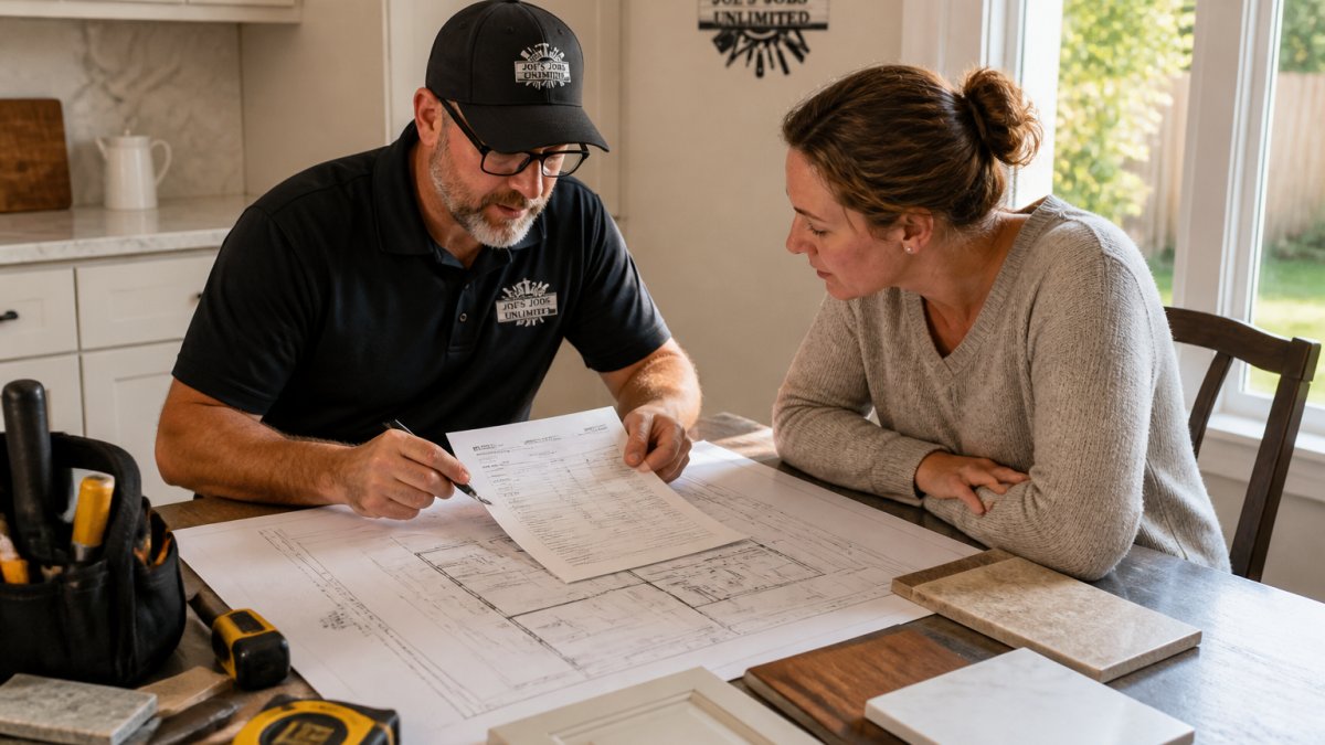 A homeowner and a contractor reviewing blueprints and a written estimate at a kitchen table, with samples of tile and cabinet finishes nearby, warm afternoon light through a window