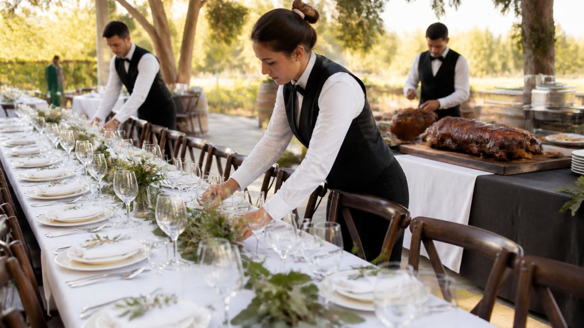 Infographic comparing full-service catering vs drop-off setup and cleanup duties for an outdoor event venue.