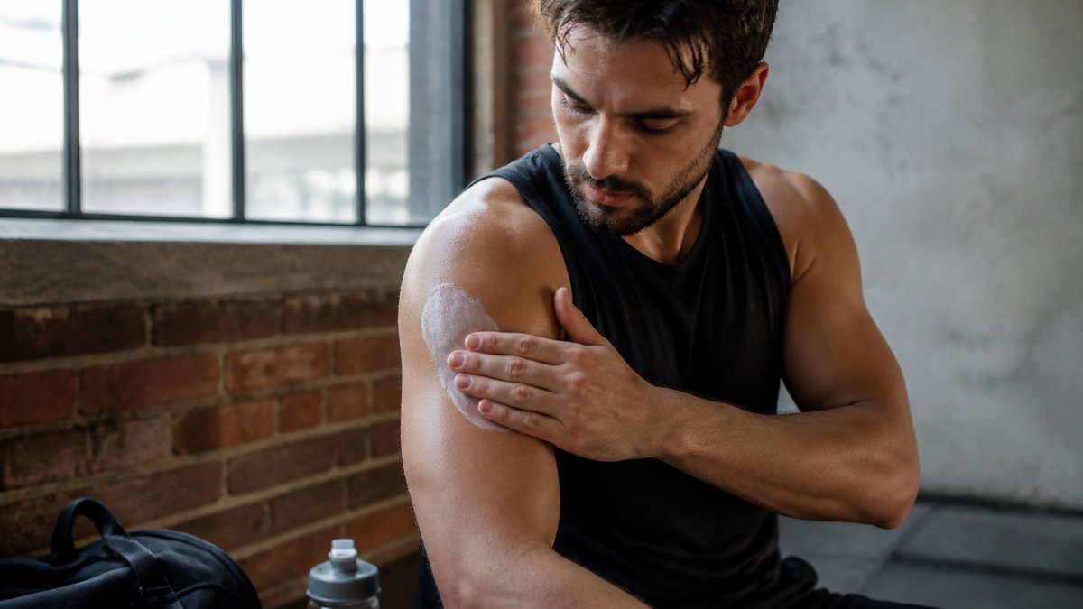 Athlete applying topical CBD salve to shoulder muscle after training session, close-up of hands massaging cream into arm with natural lighting