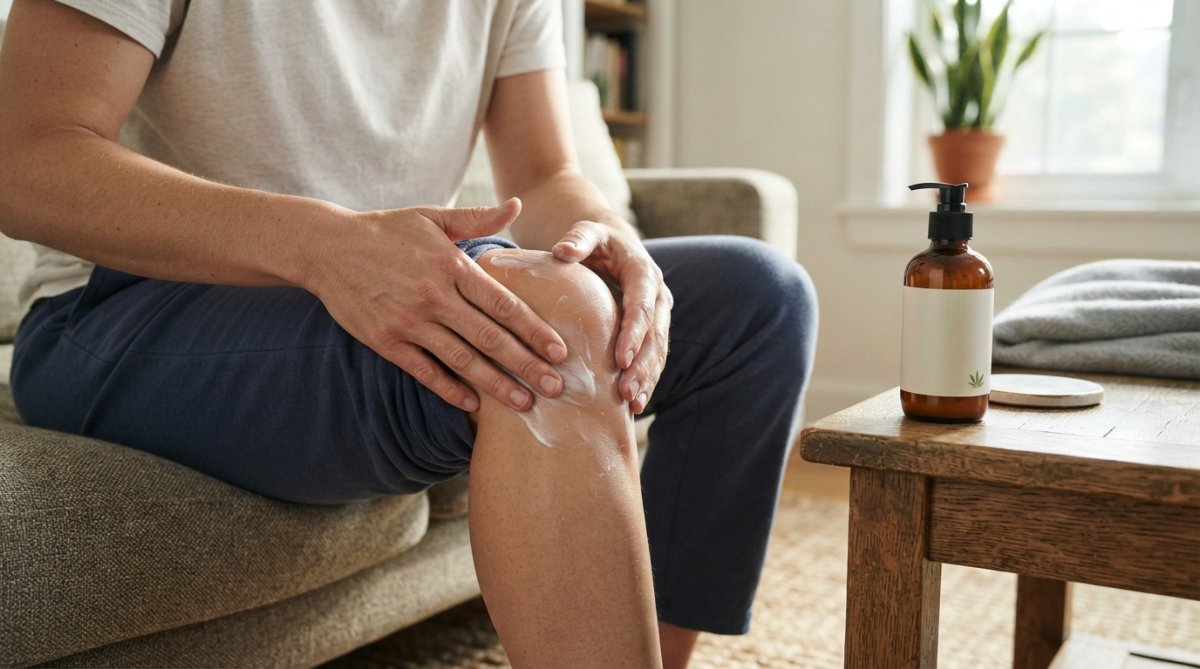 Step-by-step guide showing how to apply topical lotion to a knee to help relieve joint inflammation