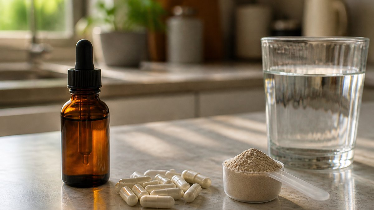 Liquid mineral dropper, capsules, and powder scoop on a sunlit counter beside a glass of water