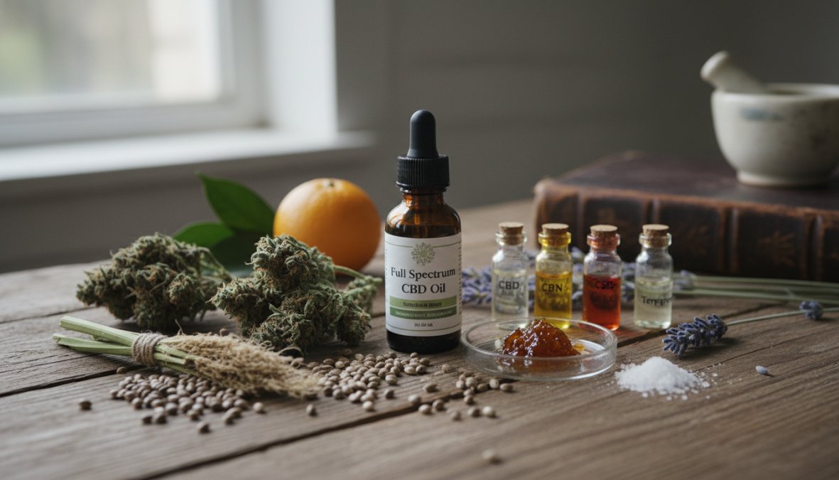 Educational diagram explaining Close, CBD for full spectrum vs broad spectrum cbd