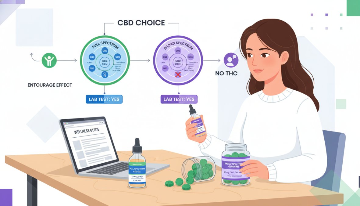 A health-conscious person sitting at a bright kitchen table, reviewing CBD product labels on a tincture bottle and a gummies jar, with a laptop open showing a wellness website