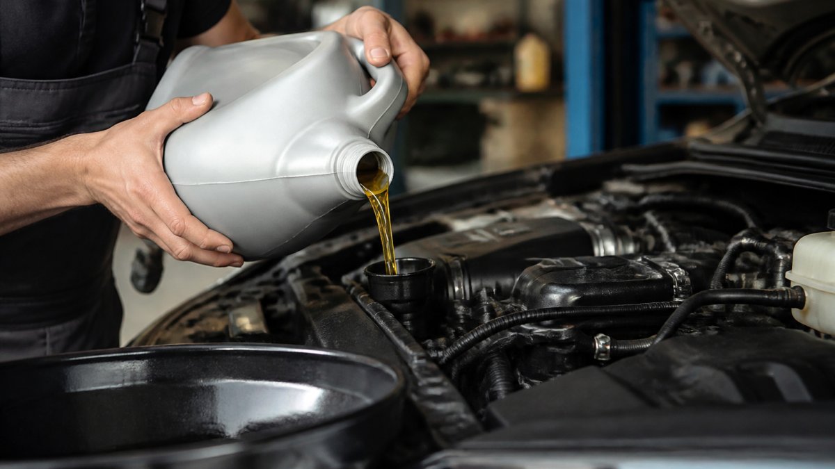 Close-up of fresh synthetic oil being poured into an engine during an oil change, with oil bottle and drain pan visible in a well-lit garage setting