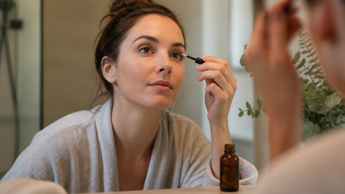 A woman in her thirties applying a castor oil serum to her lashes with a precision wand in a softly lit bathroom, small amber bottle on the counter