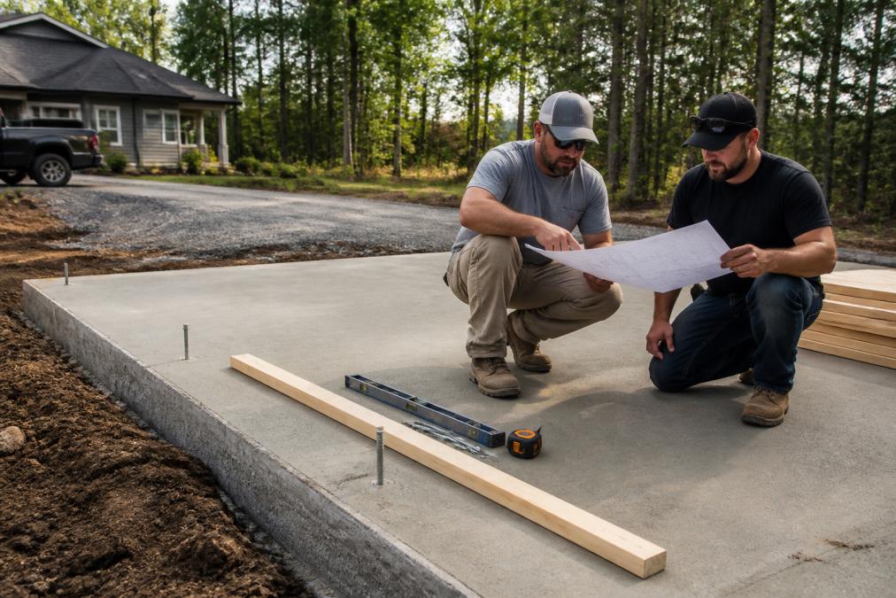 A freshly poured concrete slab with anchor bolts set in place, framing lumber and a level resting nearby, on a residential lot with a gravel driveway in the background
