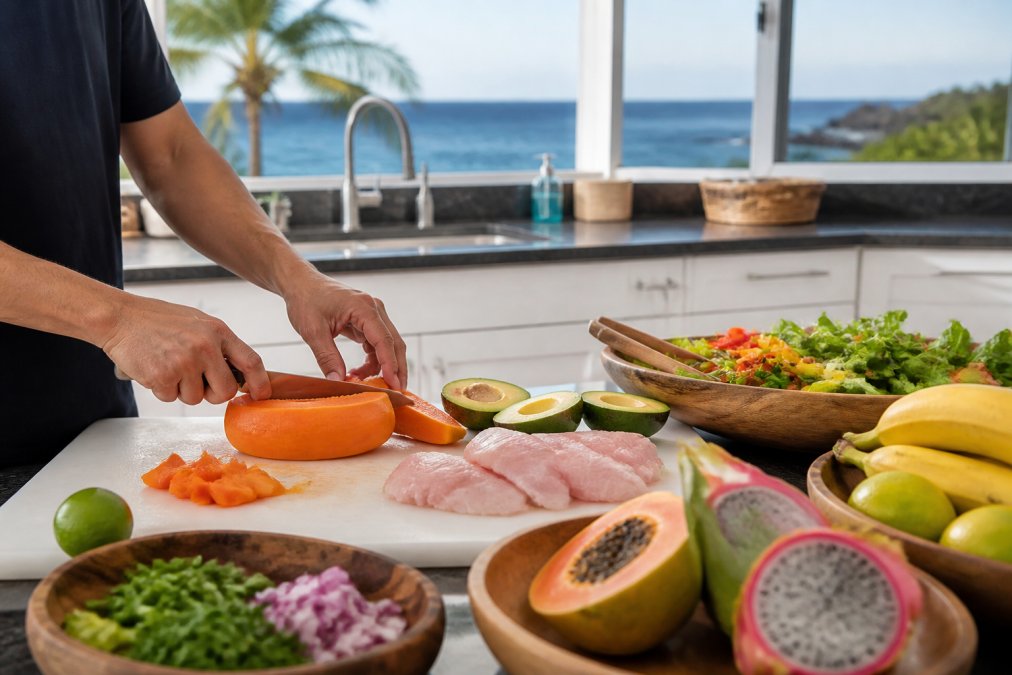 Professional illustration showing Hands, Hawaiian for fully stocked kitchens