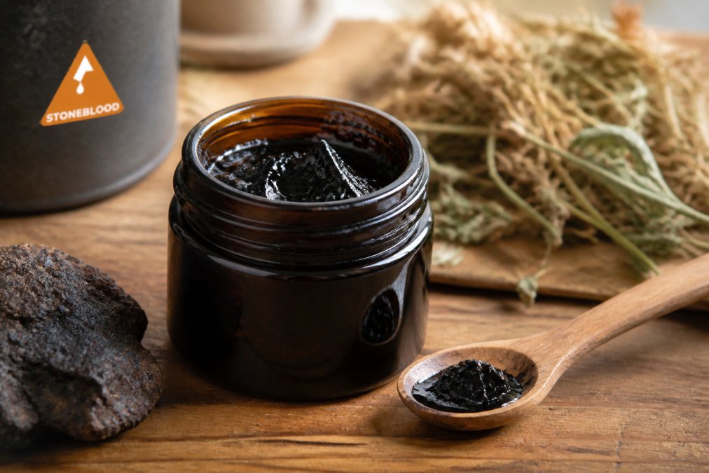 Close-up of a dark, mineral-rich shilajit resin jar on a wooden table with natural light, small wooden spoon resting beside it, dried herbs in background, evoking traditional Ayurvedic preparation