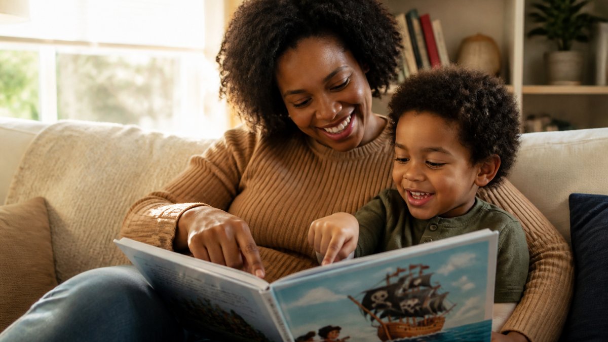 Parent and child reading a colorful adventure book together on a sunny couch