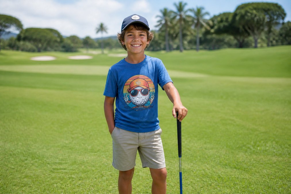 Young golfer wearing a comfortable graphic tee and athletic shorts, standing confidently on a golf course holding a club with a smile, natural daylight on the fairway