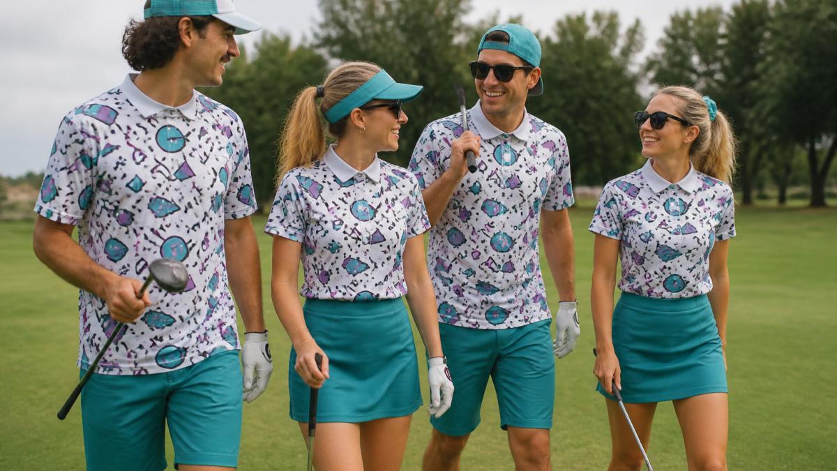 Group of four golfers on a fairway wearing coordinated retro-themed golf outfits with matching bold graphics and complementary colors, walking together toward the green with visible camaraderie