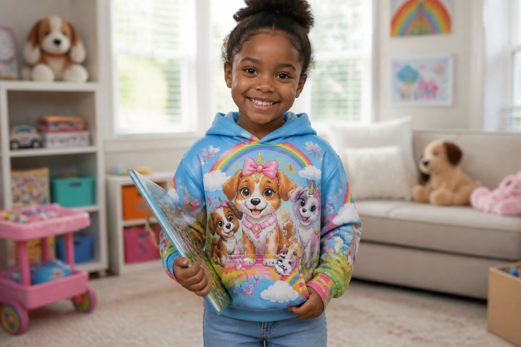 A smiling child wearing a colorful graphic hoodie featuring cartoon animal characters, holding a storybook, standing in a bright playroom with natural window light