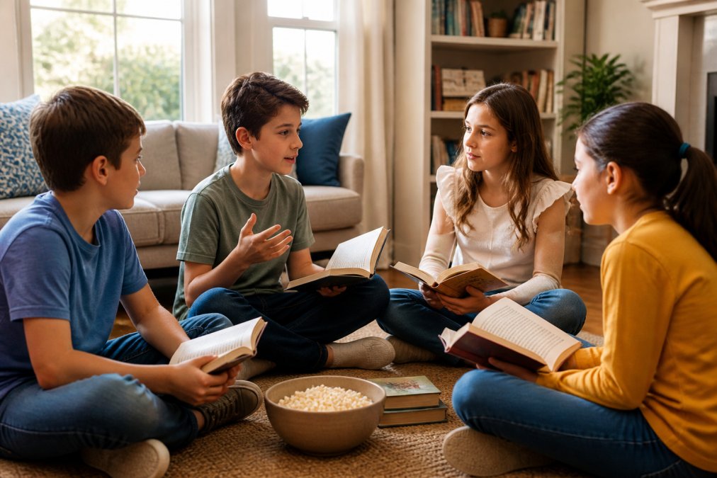 Three or four ten-year-old kids sitting in a circle on a living room floor with open books and a bowl of popcorn, one child gesturing while talking about a story, warm afternoon light through a window