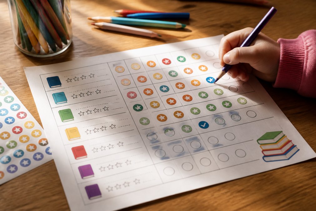 Child's hand holding a colored pencil over a partially completed reading tracker sheet on a wooden table, with colorful stickers and checkmarks visible, natural afternoon light streaming across the page