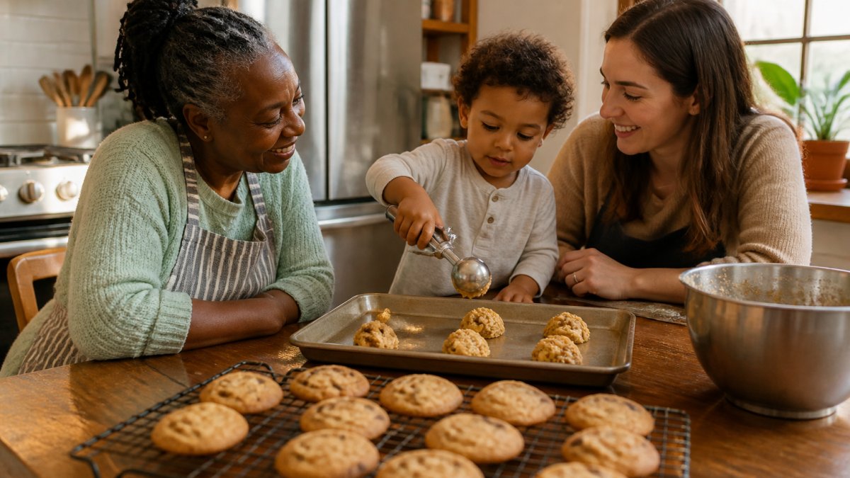 Multigenerational family baking cookies together in a home kitchen using a simple dough scoop process