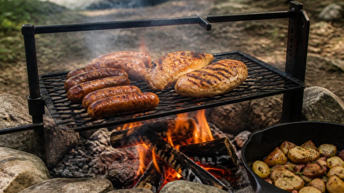 Sizzling sausages and chicken breasts cooking over hot flames on a grill grate with smoke rising from a campfire, cast iron cookware visible at the edge