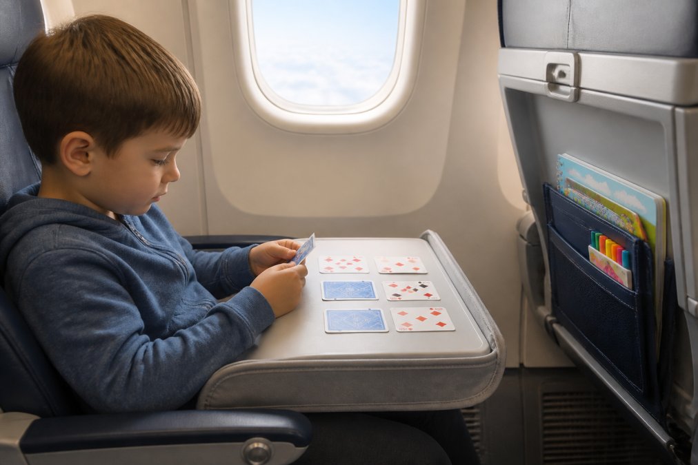 A six-year-old playing a card game on a lap tray at an airplane seat with an activity pouch in the pocket.