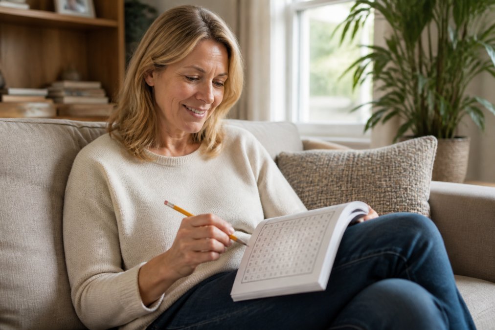 An adult woman sitting comfortably on a couch, focused and smiling while working through a word search puzzle book with a pencil, warm natural lighting in a cozy living room setting