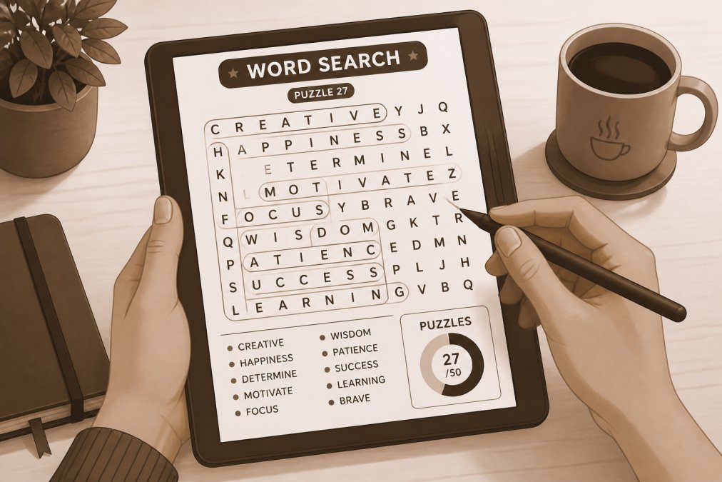 Close-up of hands holding a Kindle Scribe e-reader with a stylus, showing a word search puzzle displayed on the screen, placed on a wooden desk beside a cup of coffee
