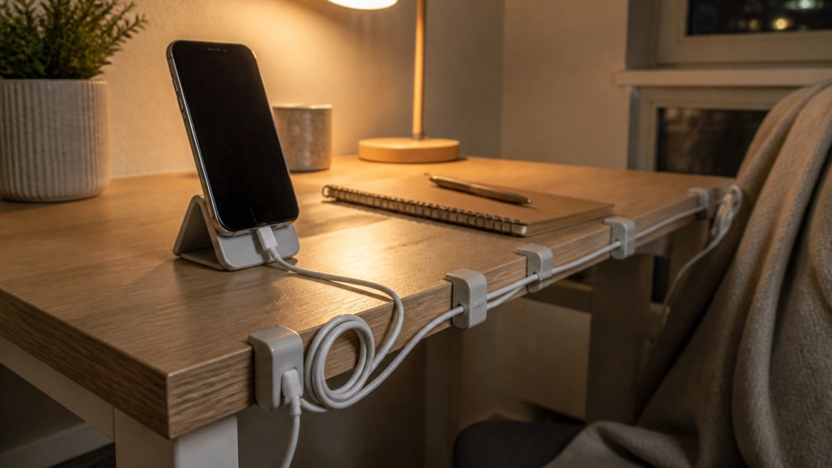 A tidy desk with a 3D-printed phone stand and neatly organized charging cables in a warm, cozy apartment.