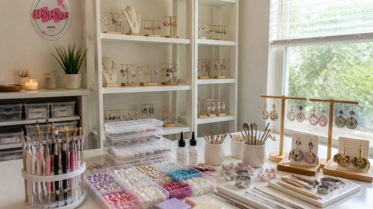 Bright home jewelry studio with organized shelving units displaying finished pieces, a clean workbench with polymer clay tools and materials neatly arranged in labeled containers, natural light from a window illuminating the workspace, and a small product display area showing embroidered earrings on stands
