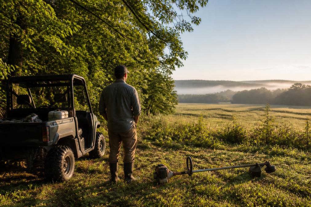 A landowner in durable work clothing and boots standing at the edge of a wooded property, looking over a field, with a utility vehicle and brush cutter nearby in soft morning light