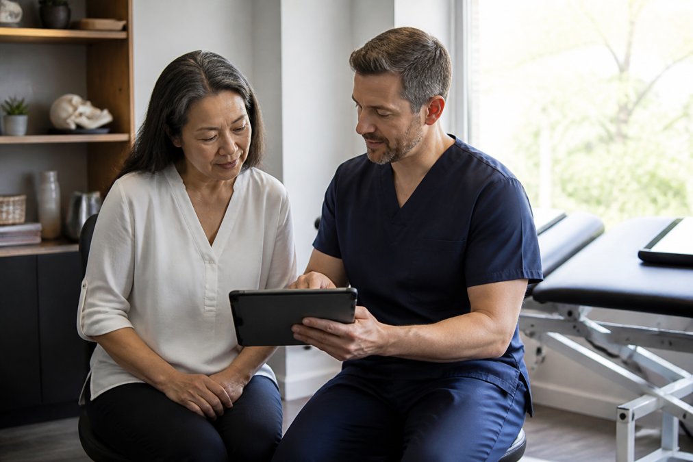 Patient reviewing a functional integrative medicine treatment plan with a practitioner in a clinic consultation room