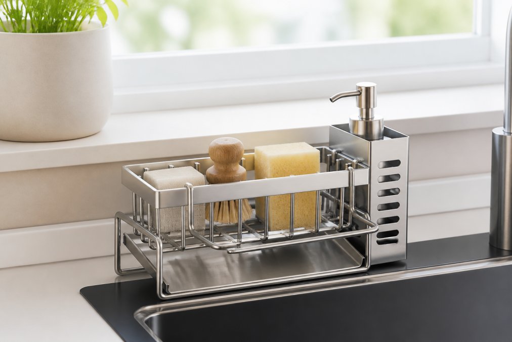 Minimalist kitchen sink area with stainless steel organizer rack holding cleaning supplies, black splash mat, and drying sponges on white countertops with soft natural morning light