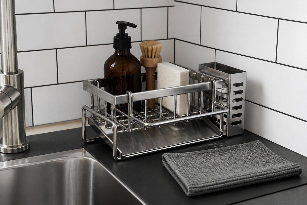 Compact sink area in small apartment kitchen with organized stainless steel rack holding only essential cleaning supplies, black splash mat, and drying dishcloth, tight corner placement with white subway tile backsplash