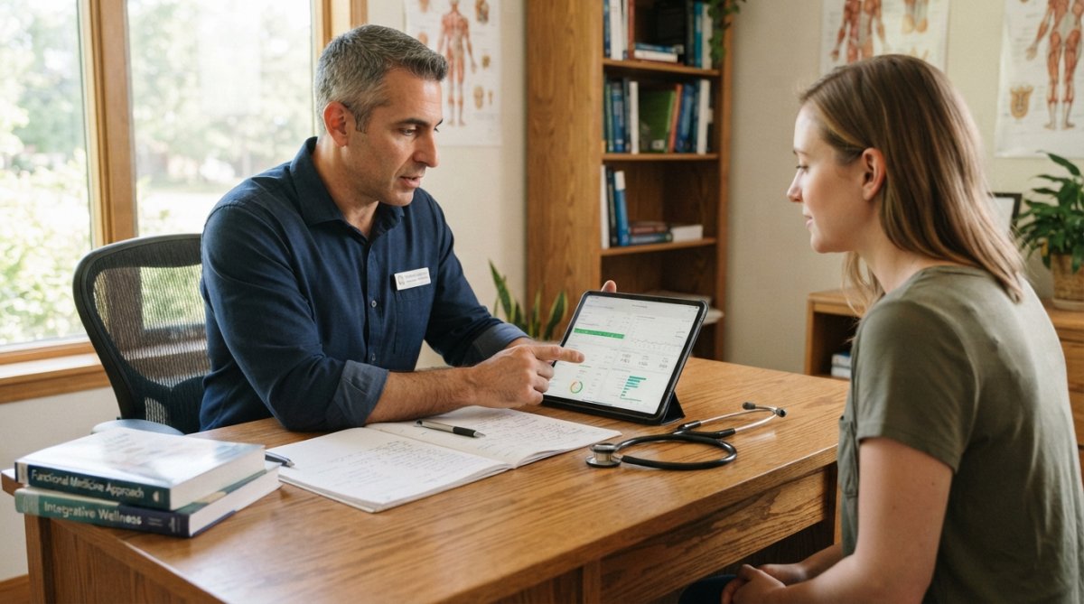 A functional medicine doctor in a bright consultation room reviewing a patient's health history and lab results on a tablet, with a stethoscope resting on the desk