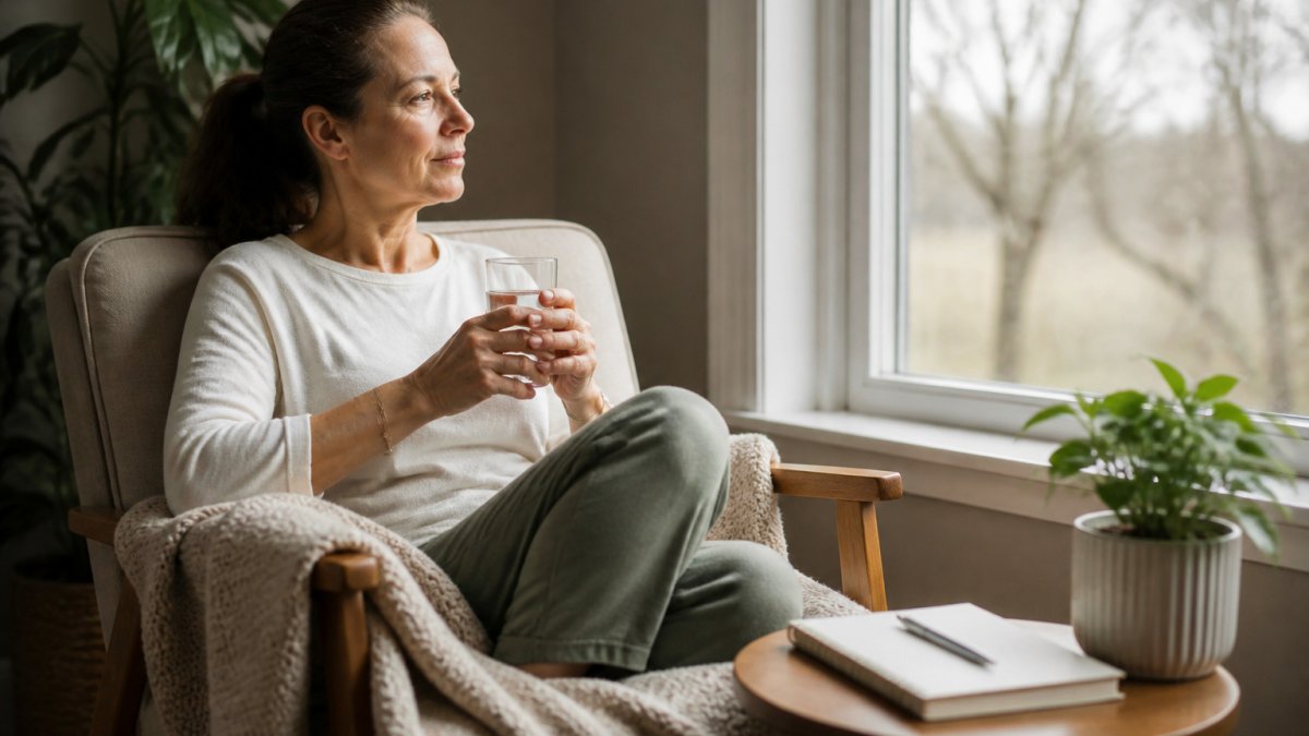 Woman resting by a window with water and a notebook to support functional medicine pacing strategies.