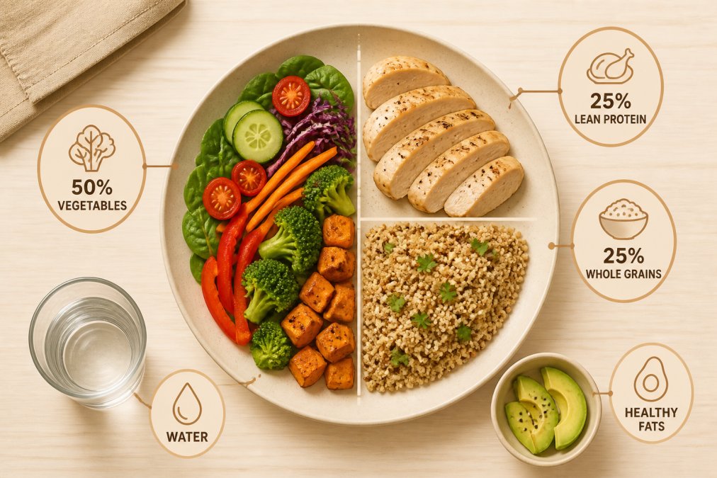 Overhead view of a balanced, nutrient-dense meal on a plate with colorful vegetables, lean protein, whole grains, and healthy fats in natural lighting on a wooden table