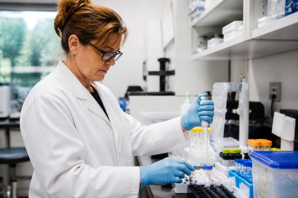 Laboratory technician processing multiple specialized functional medicine test samples (DUTCH, OAT, stool analysis tubes) in a modern lab setting with organized sample tracking system