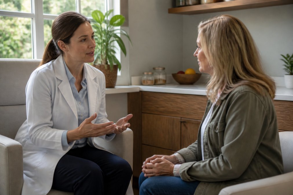 Patient in conversation with a thoughtful healthcare provider in a calm, modern medical office with soft natural lighting, discussing personalized treatment options and health goals