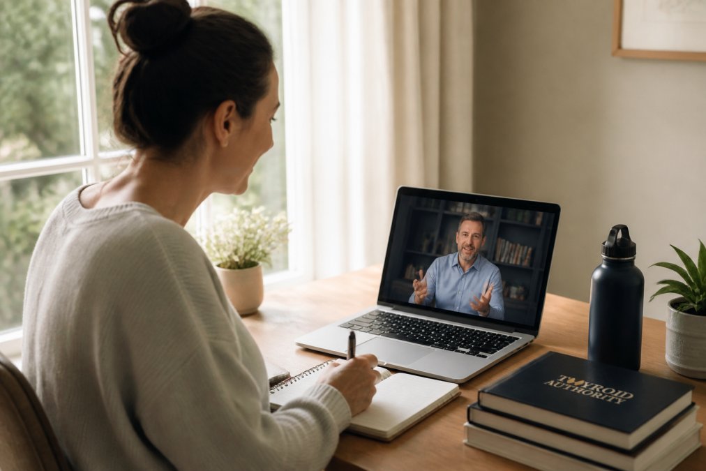 Woman at home on a video call with a healthcare provider on her laptop, comfortable in her own space with notepad and water nearby, natural lighting from window