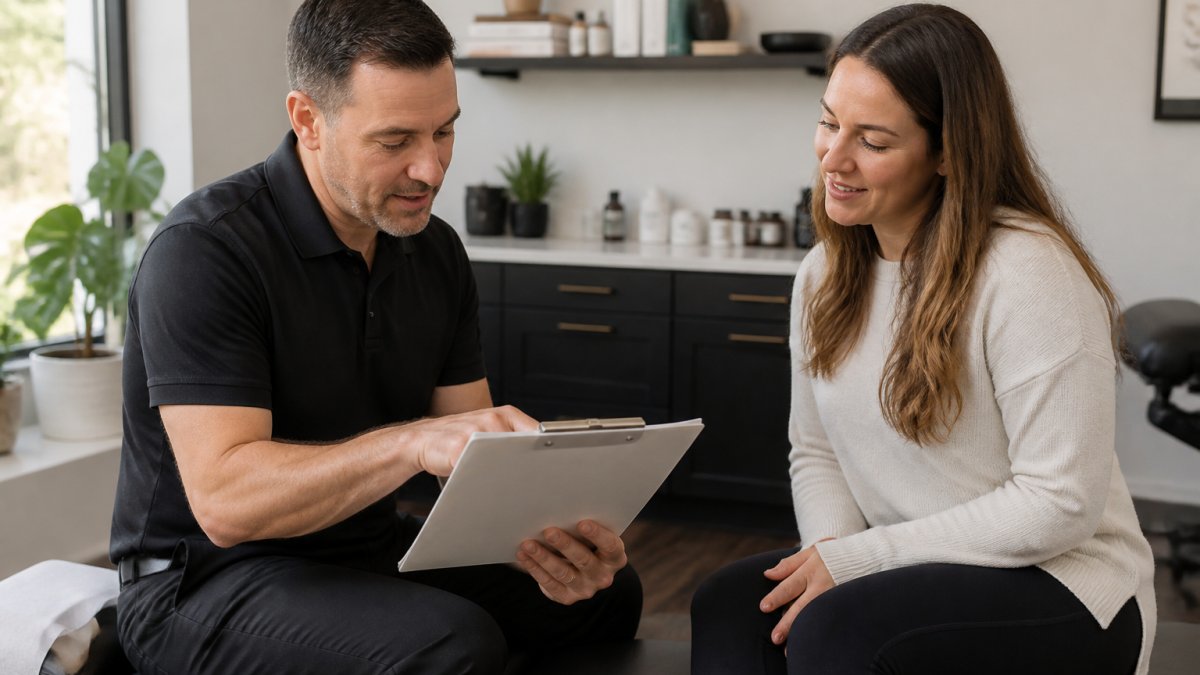 A chiropractor in a bright, welcoming treatment room reviewing a patient's health assessment notes with them seated nearby, conveying a calm, integrative care setting