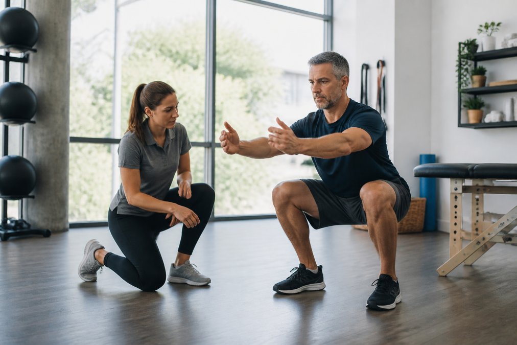 A physical therapist in athletic clothing kneeling beside an adult athlete performing a deep squat on a clinic floor, both focused on movement quality, bright natural light