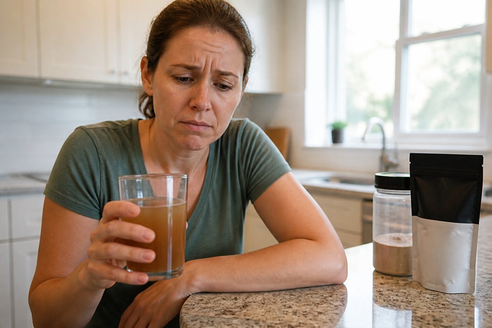 A close-up of a person's hand holding a glass of mushroom-based drink on a kitchen counter, with a concerned expression on their face